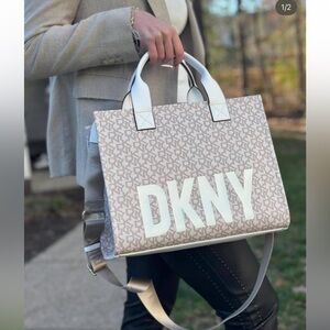 DKNY Logo-Embroidered Taupe and Cream Logo Handbag